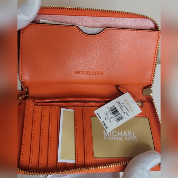 Orange Michael Kors Large Flat Phone Case Wristlet Wallet Grid Poppy - Picture 5 of 7